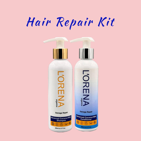 Two bottles of LORENA hair care products on a pink background with 'Hair Repair Kit' text.