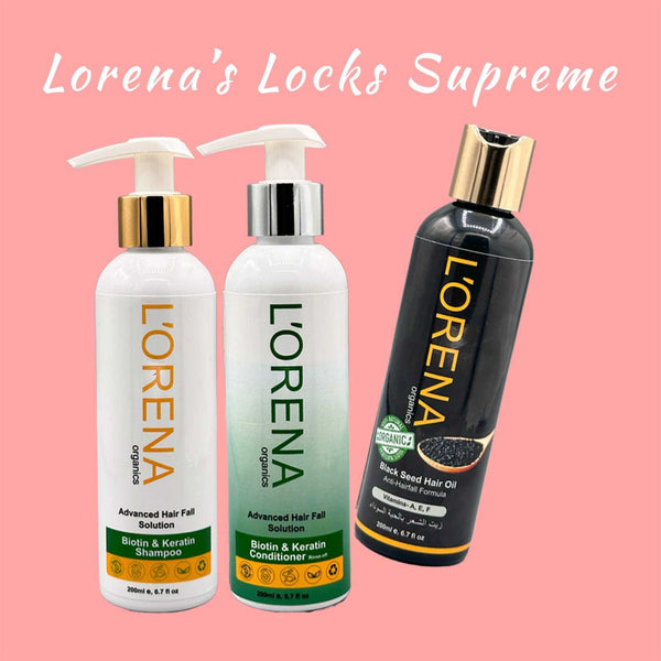 Lorena hair care products on a pink background with 'Lorena's Locks Supreme' text.