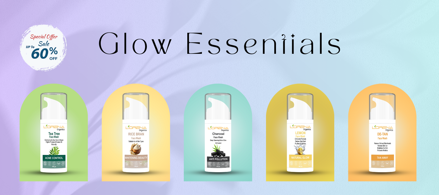 Glow Essentials skincare products with a sale banner on a gradient background