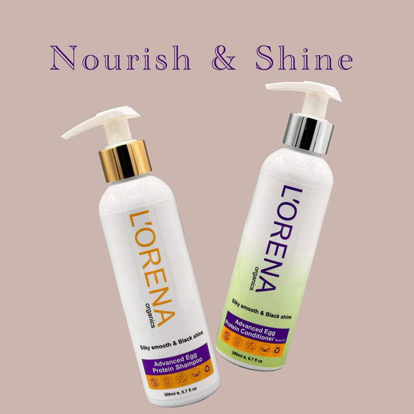 Two bottles of L'orena hair care products on a beige background with 'Nourish & Shine' text.
