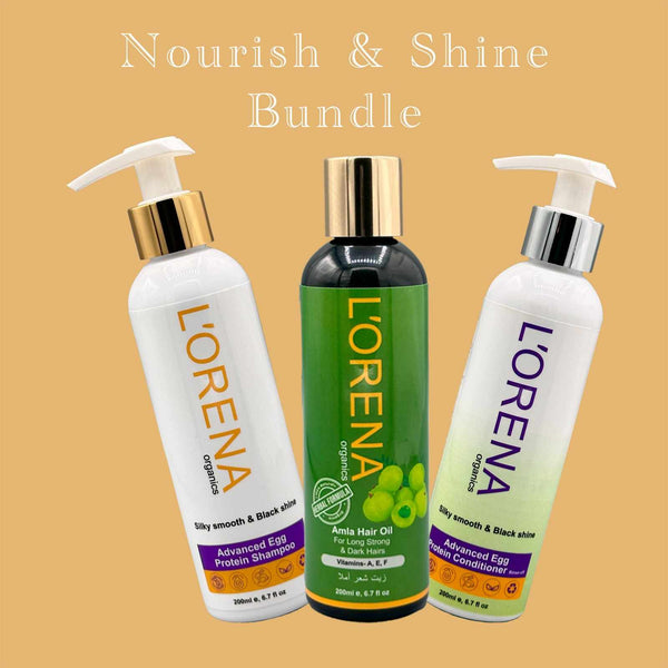 L'orena hair care products including shampoo, oil, and conditioner on a beige background.