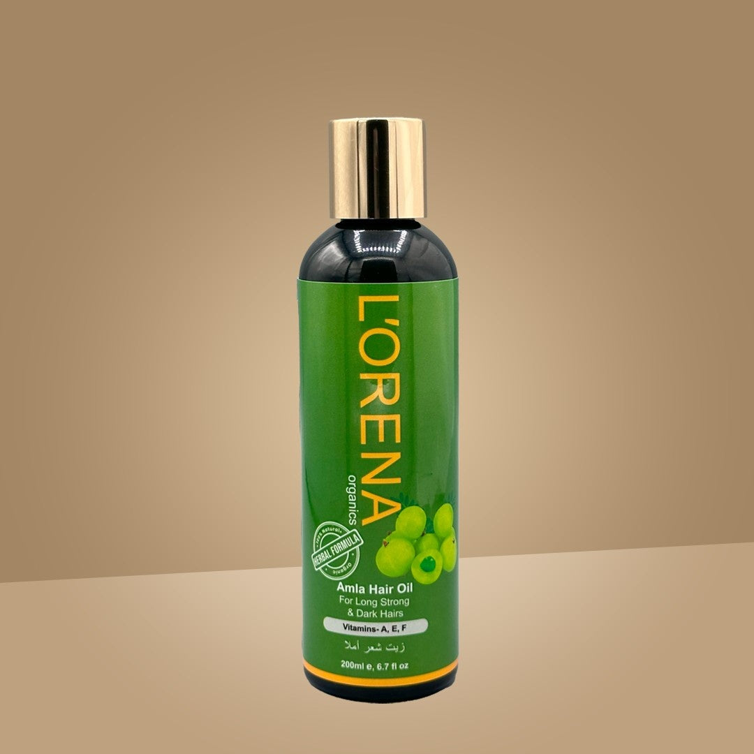 Lorena hair oil bottle on a beige background