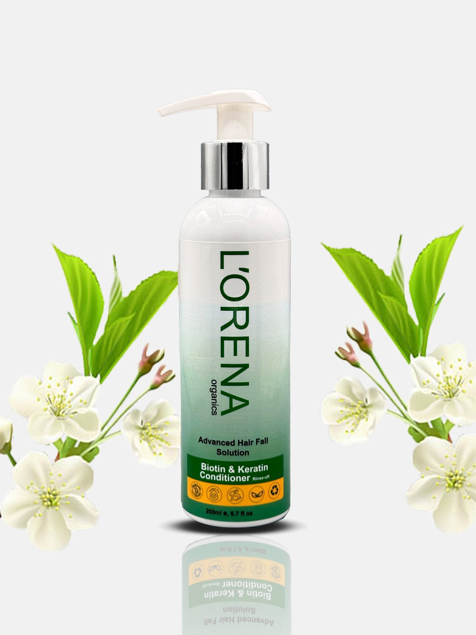 L'orena hair care product with green leaves and flowers on a white background