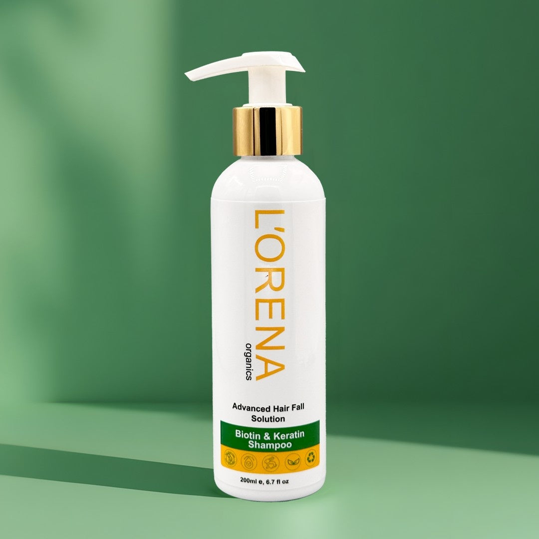 Lorena Biotin Keratin shampoo bottle on a green background