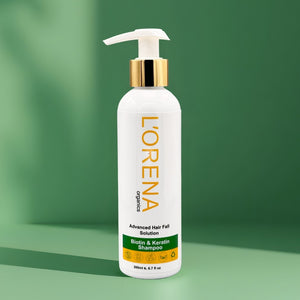 Lorena Biotin Keratin shampoo bottle on a green background