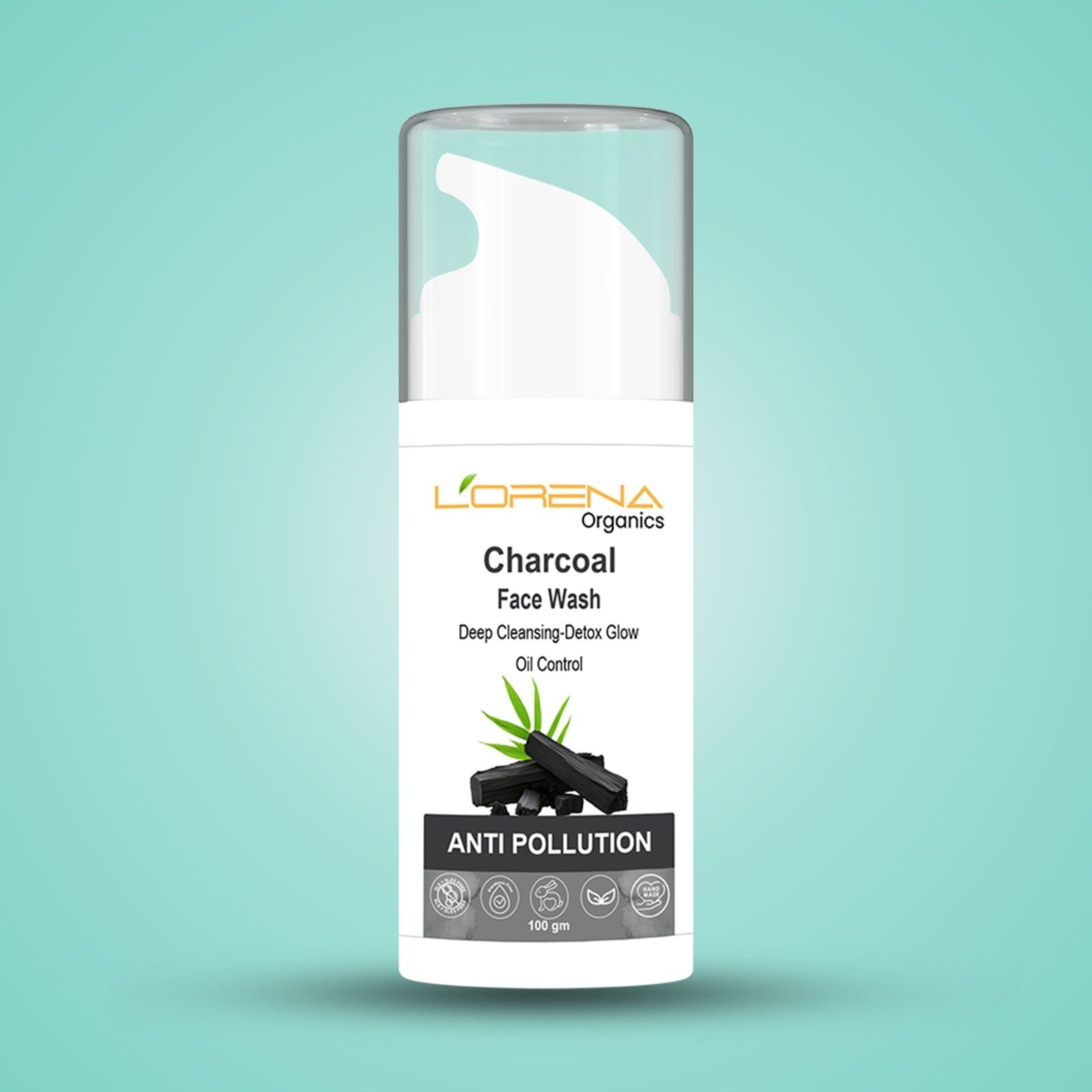 L'orena organics Charcoal Face Wash bottle on a teal background