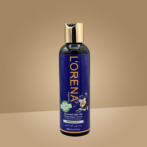 Lorena Organics coconut hair oil bottle on a beige background