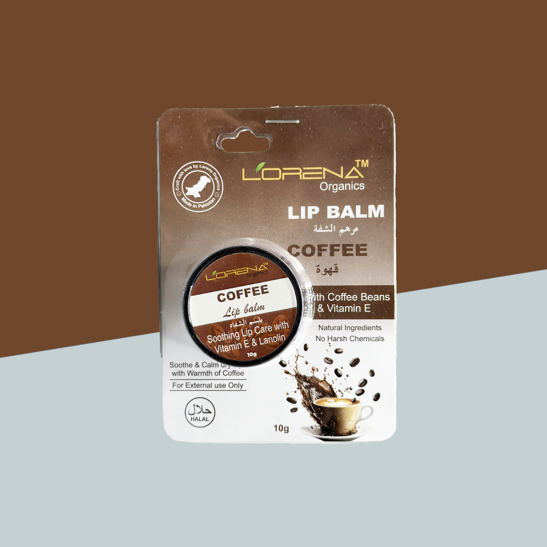 Lorena lip balm packaging on a brown and gray gradient background