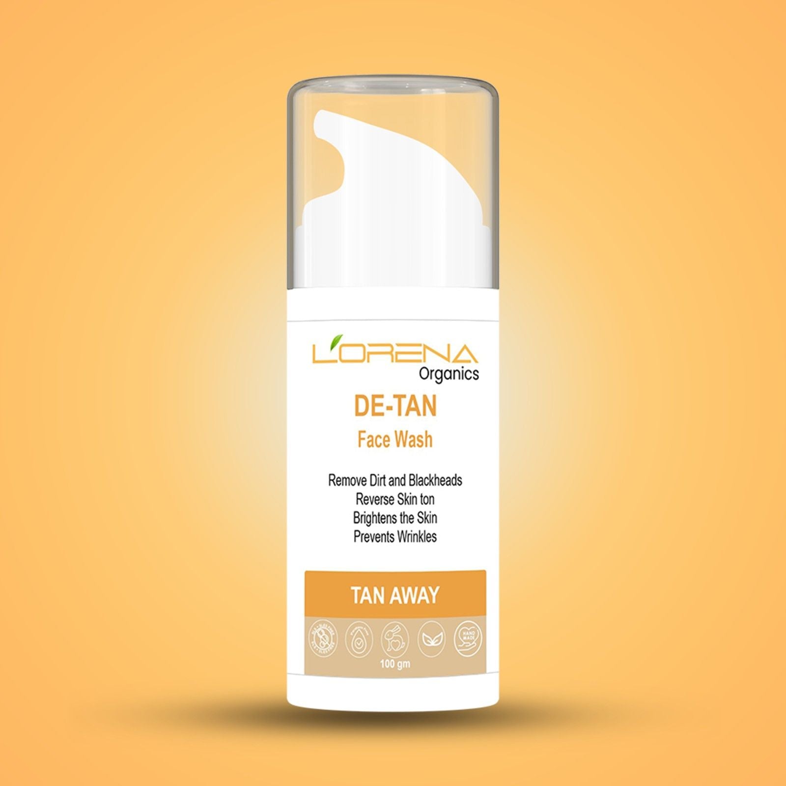 Lorena Organics DE-TAN Face Wash bottle on a gradient orange background