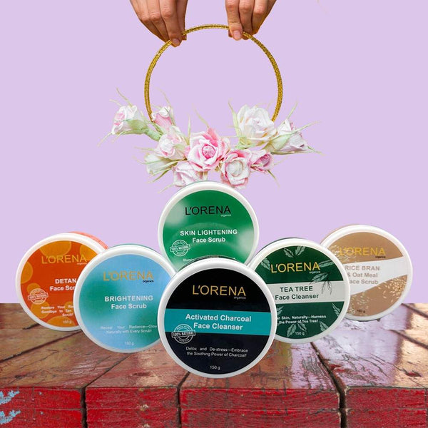 Collection of Lorena skincare products on a wooden surface with a purple background