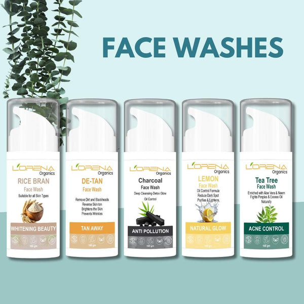 Five bottles of Lorena Organics face washes on a light blue background with greenery.