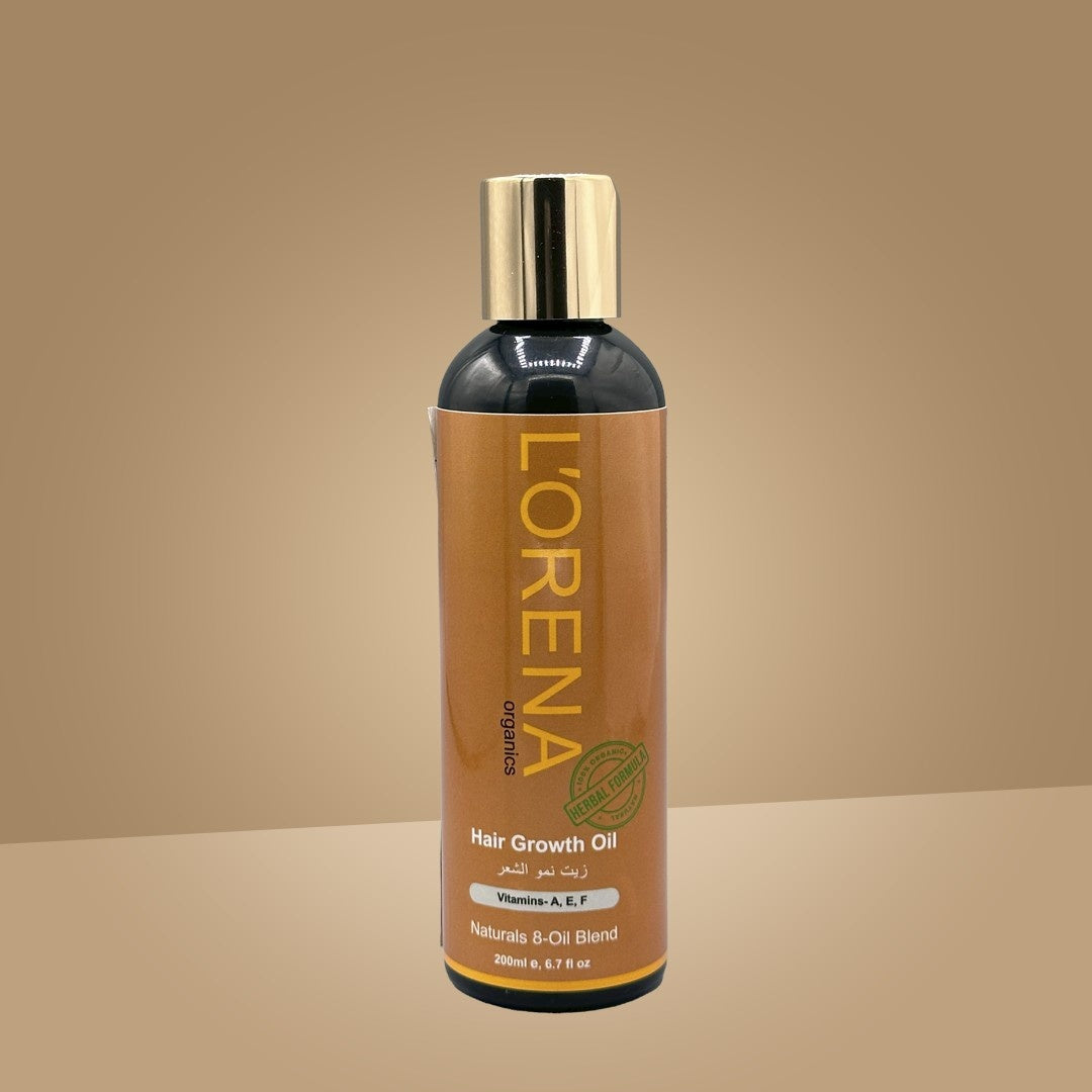 Lorena hair growth oil bottle on a beige background