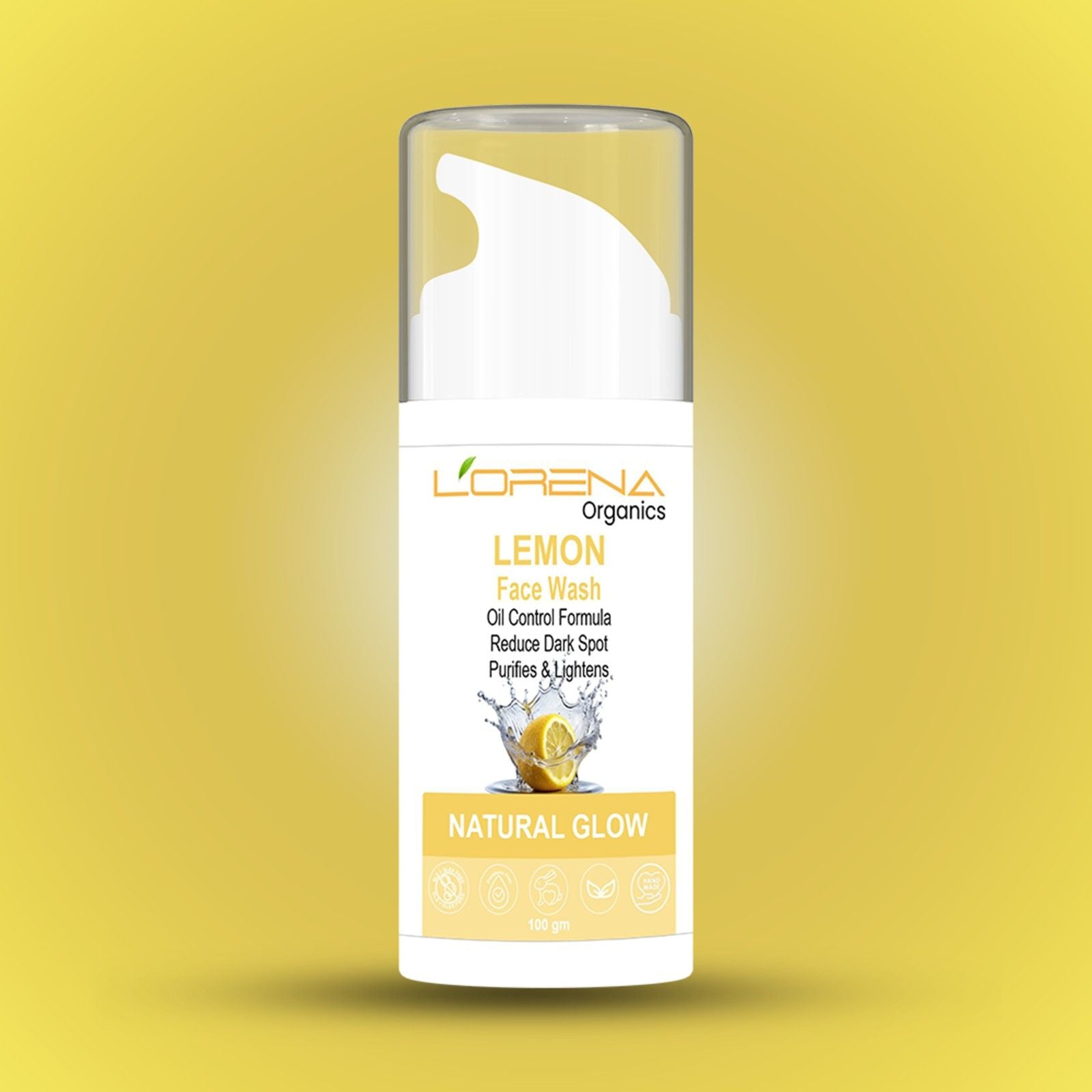 Lorena Organics Lemon Face Wash bottle on a yellow background