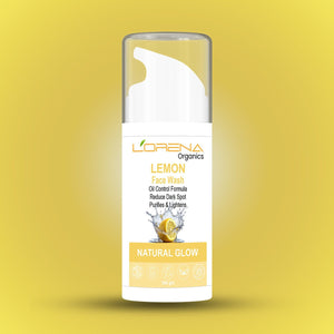 Lorena Organics Lemon Face Wash bottle on a yellow background