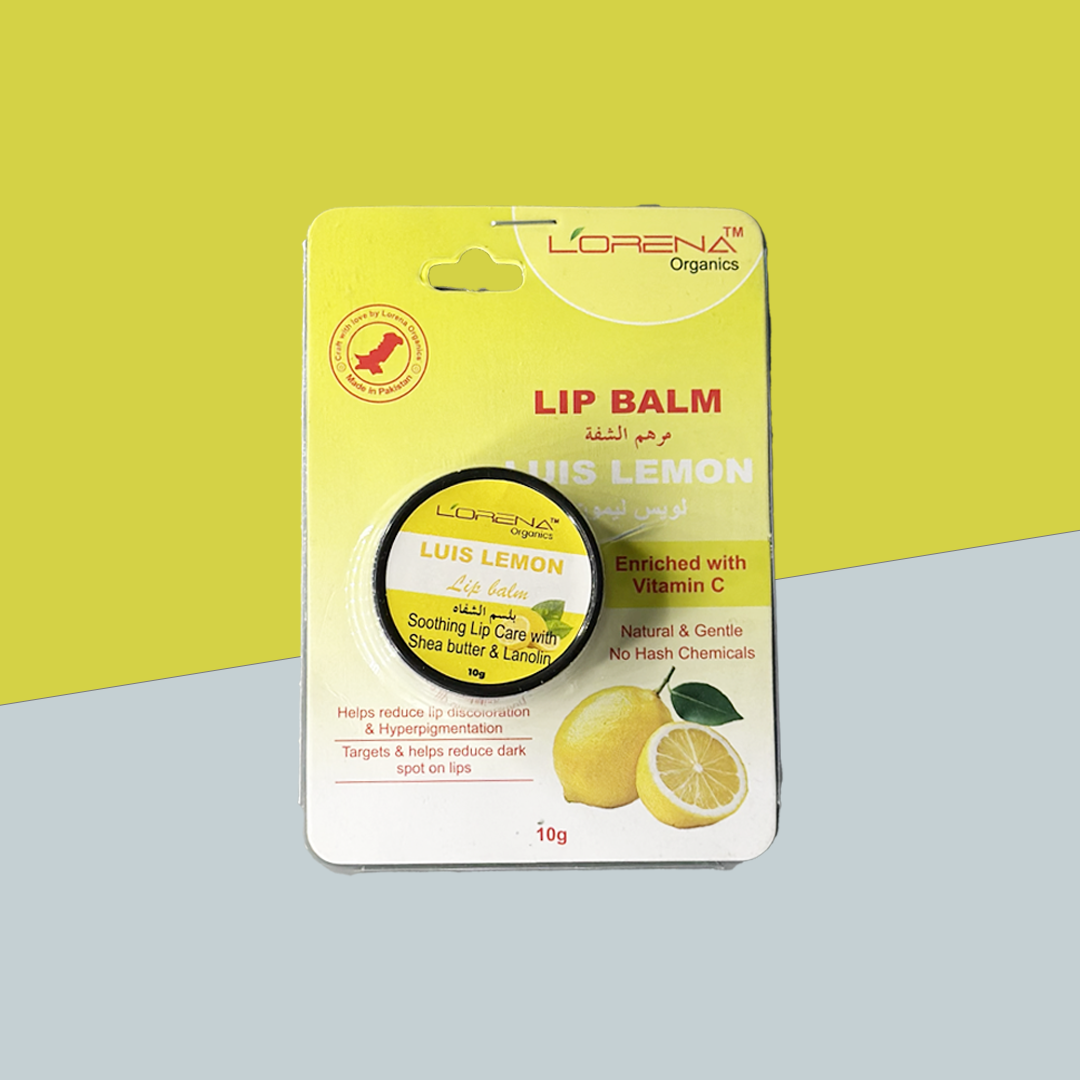 Lip balm packaging with lemon illustration on a yellow and gray background