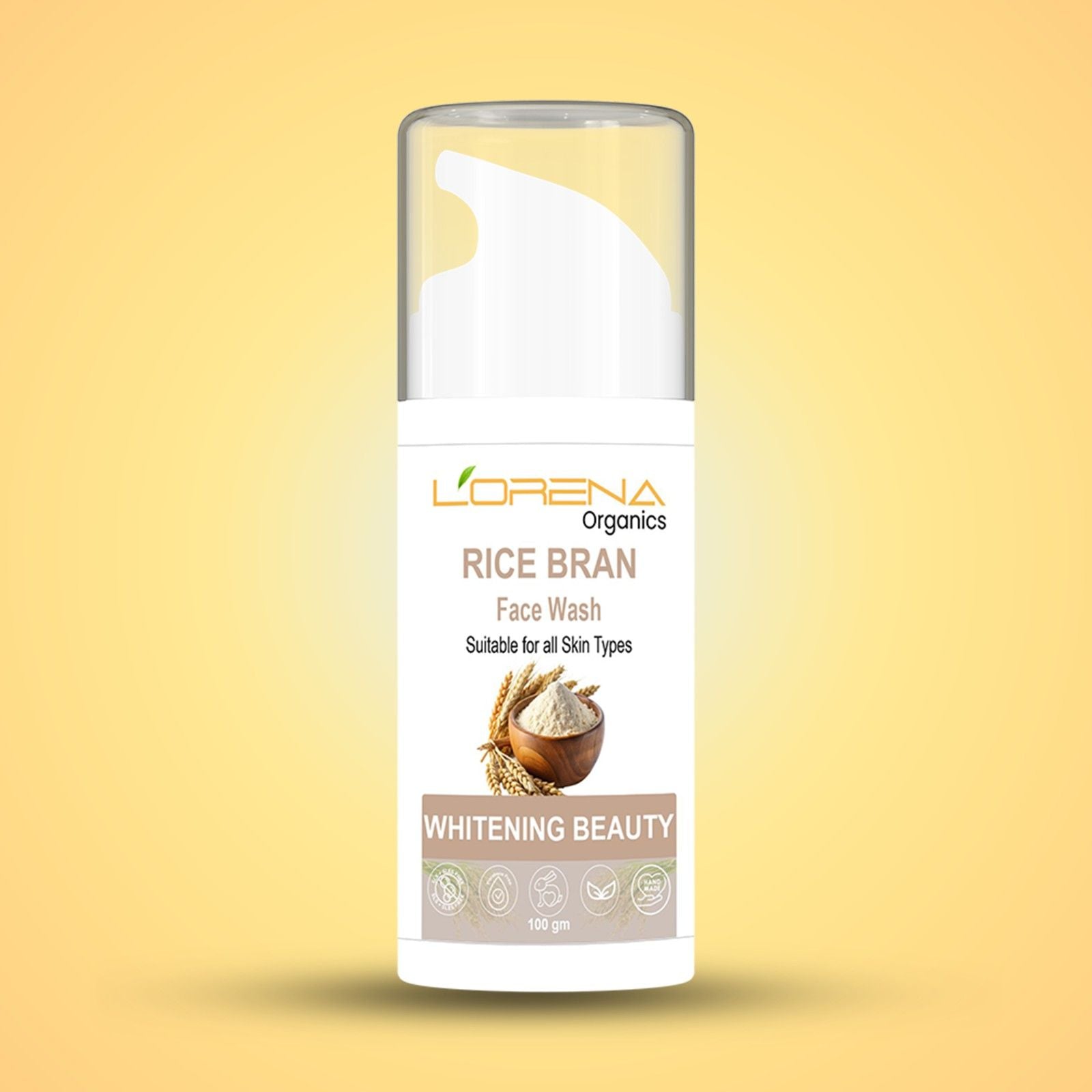 Lorena Organics Rice Bran Face Wash bottle on a yellow background