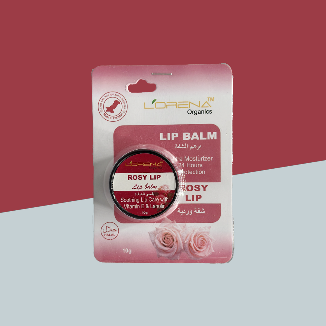 Lip balm packaging with Lorena Organics' branding on a red and gray background