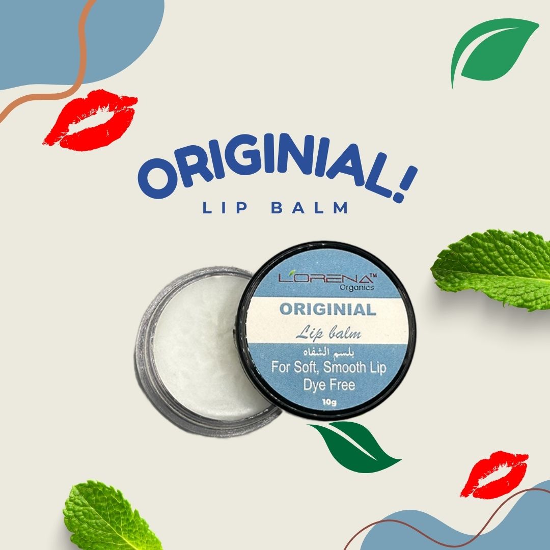 Lorena Original lip balm with green leaves and red lips on a light background