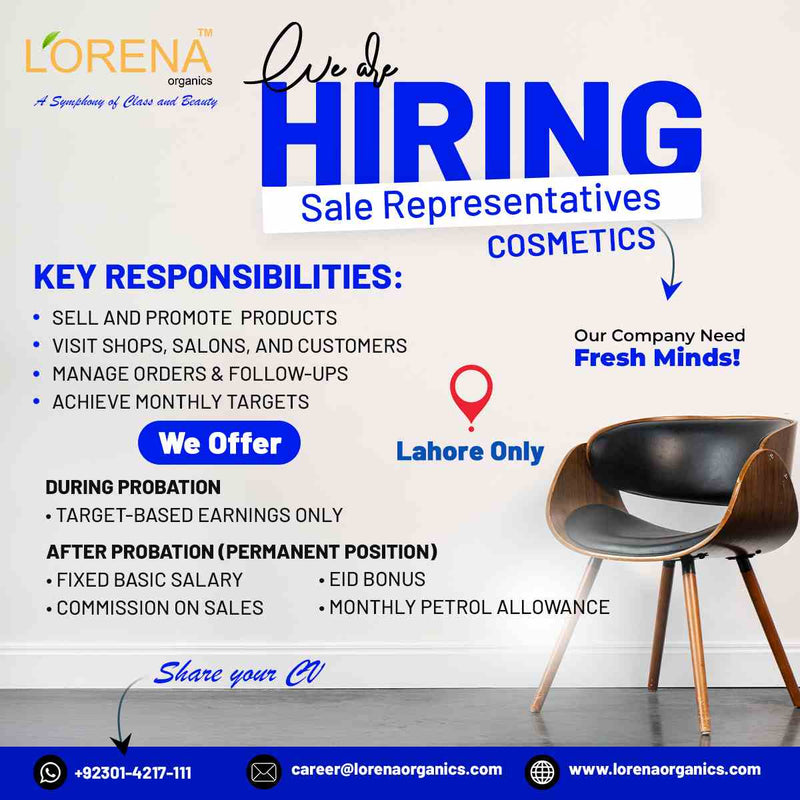 Hiring advertisement for Lorena Organics with a chair in the foreground