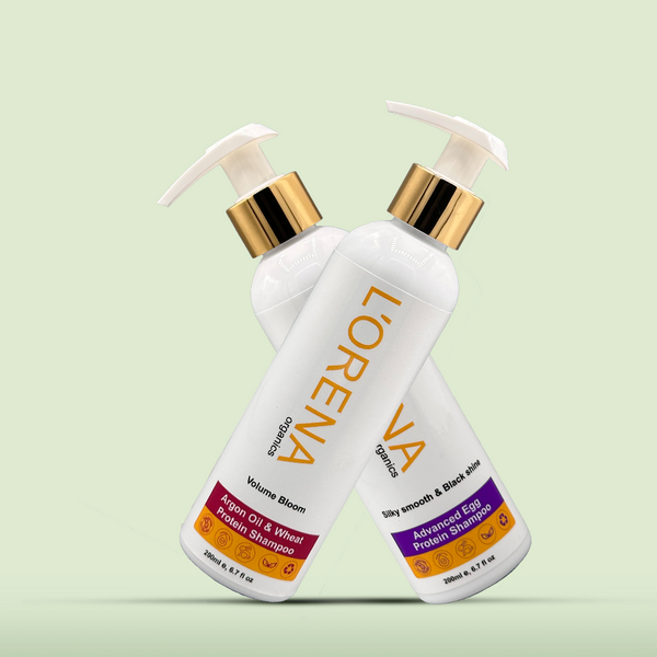 Two bottles of Lorena hair care products on a light green background