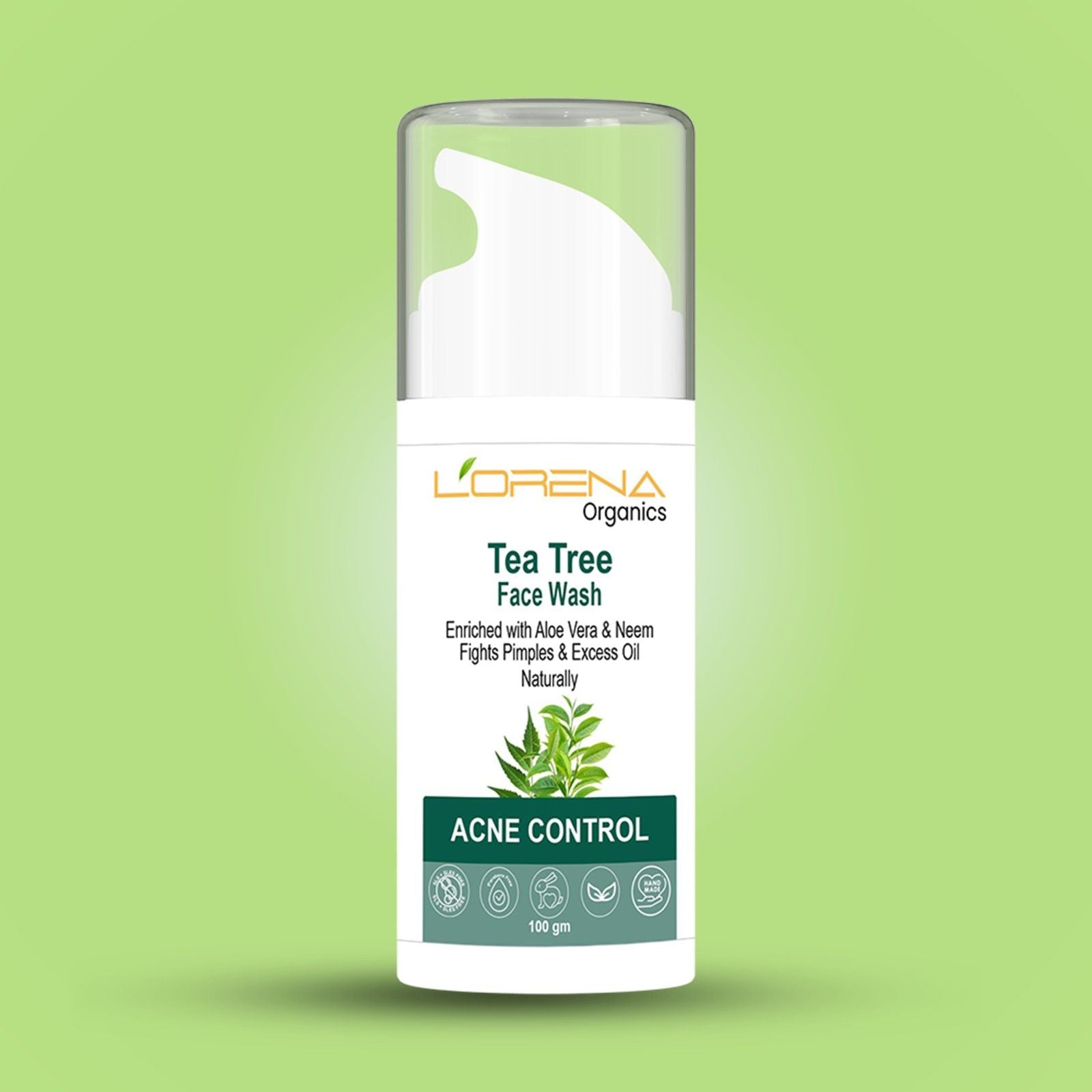 Lorena Organics Tea Tree Face Wash bottle on a green background