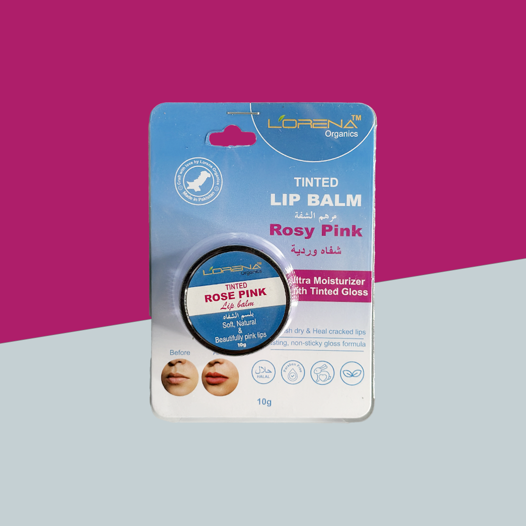 Lorena lip balm packaging with blue and white design on a pink and gray gradient background
