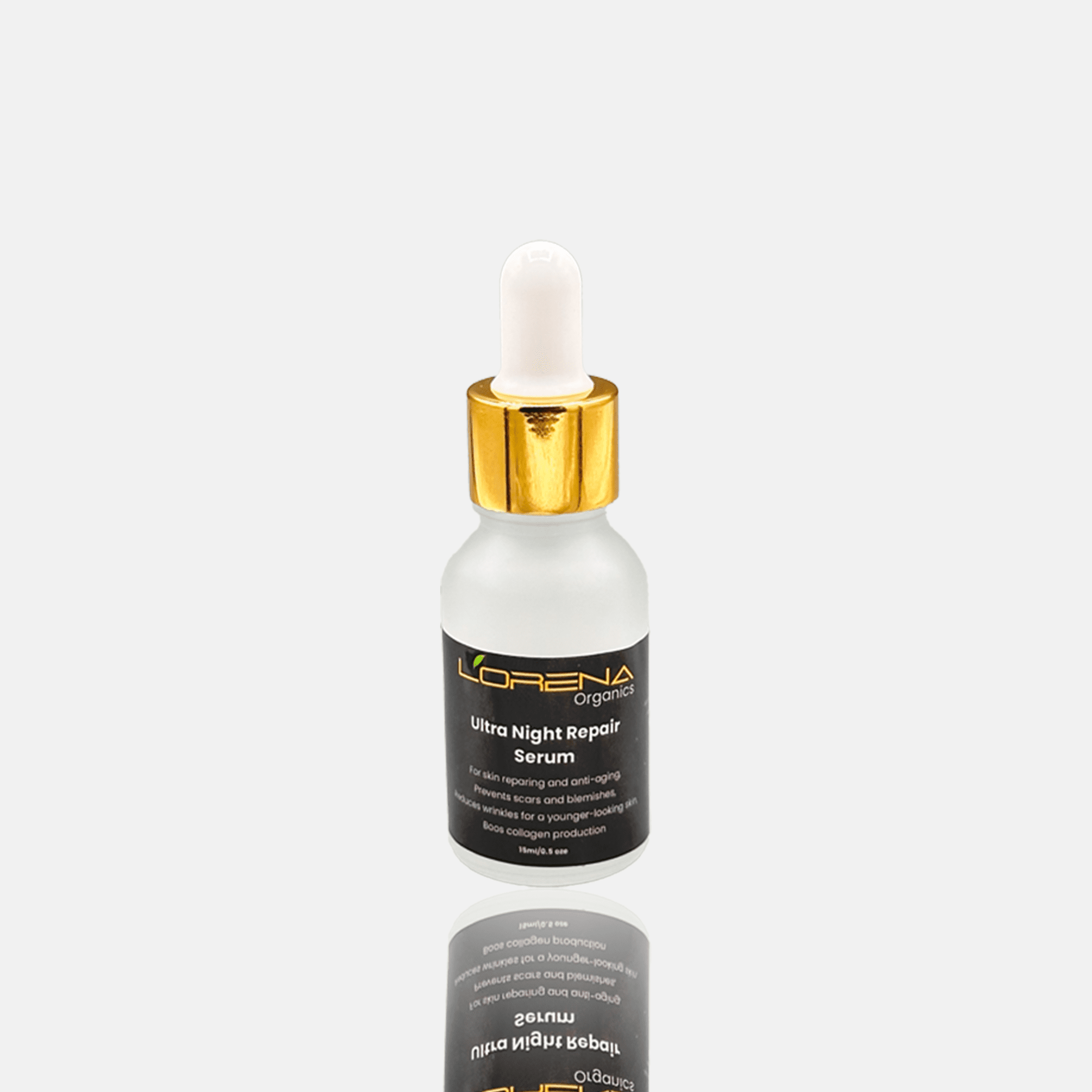 L'orena Organics serum bottle with dropper on a white background