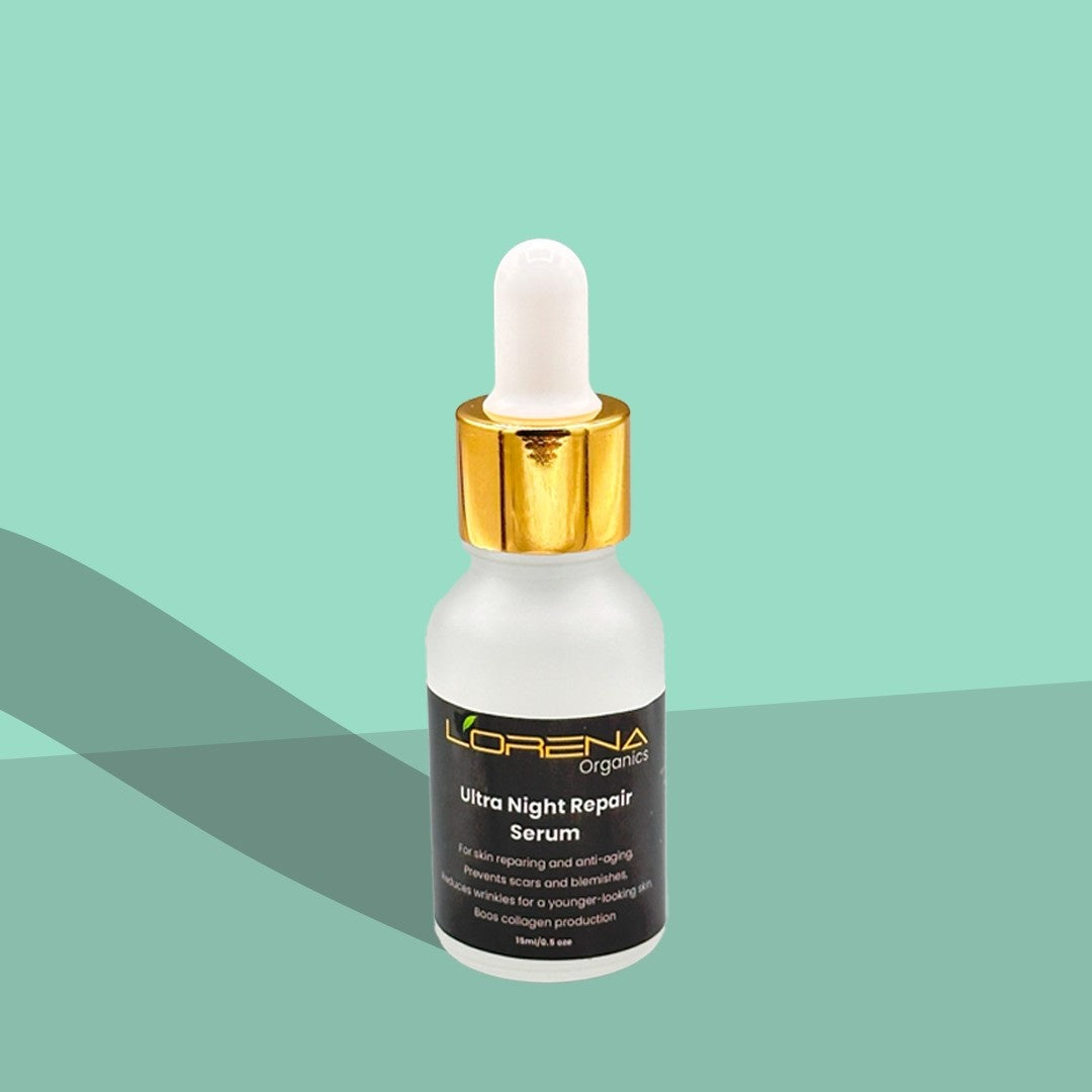 L'orena Ultra Night Repair Serum bottle with dropper on a green background