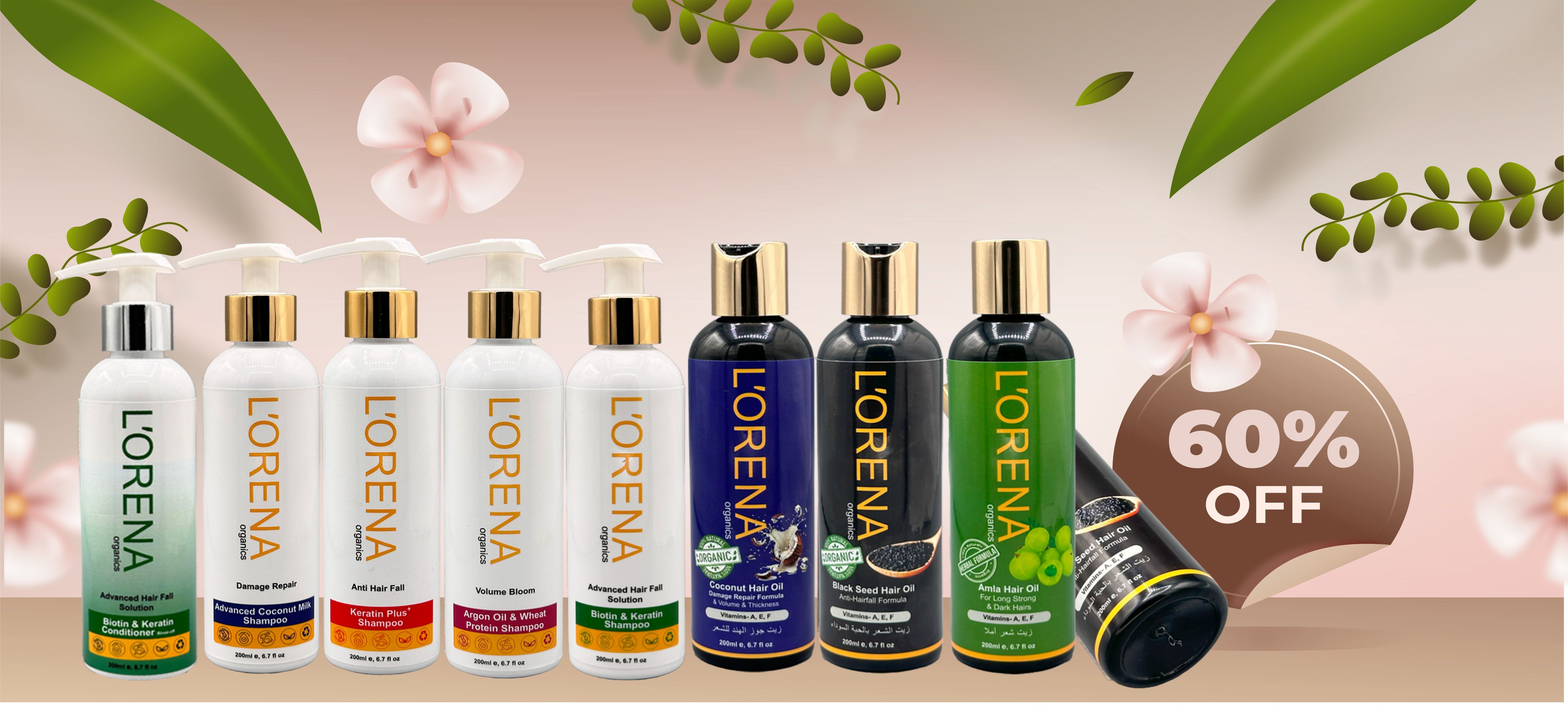 Lorena skincare products with a 60% off discount banner on a floral background